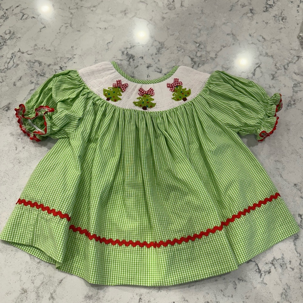 Green Gingham Toddler Smocked Dress with Holiday Trees